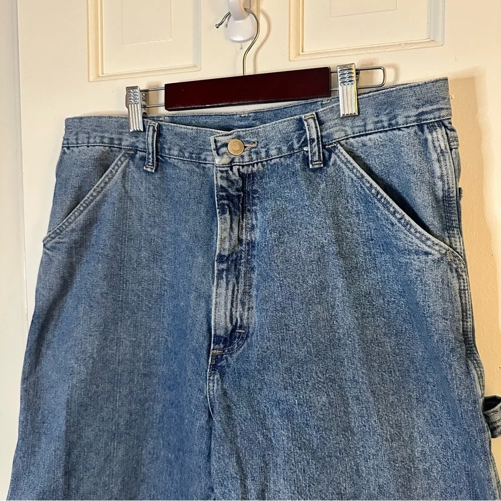 Vintage Y2K Wrangler Denim Cargo Shorts Size 34 Blue Jean Jorts Cotton Carpenter - Picture 2 of 7